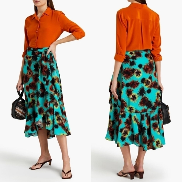 New KENZO Ruffled Printed Crepe De Chine Jade Midi Wrap Skirt NWT 34 FR/2 US/ XS - Picture 3 of 13